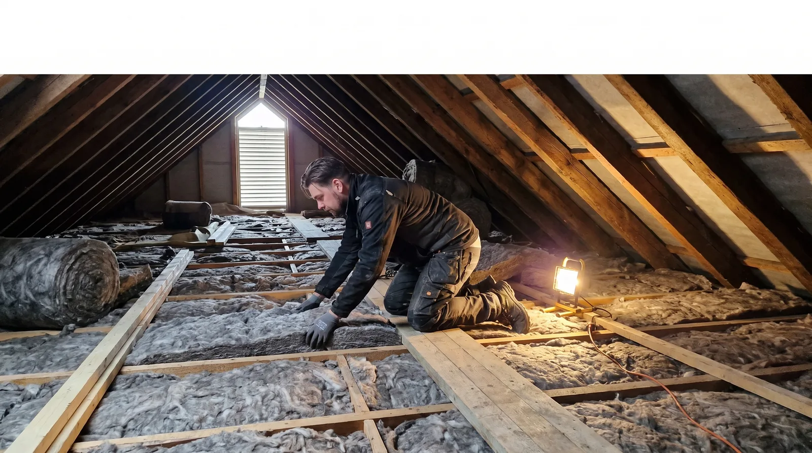 Isolatøren på et koldt loft under isolering af et dansk parcelhus