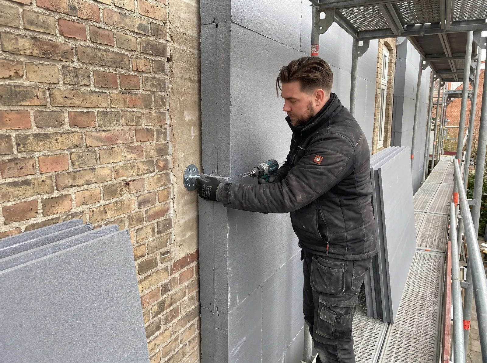 Efterisolering: isolatøren sætter et nyt lag isolering op på en massiv facade