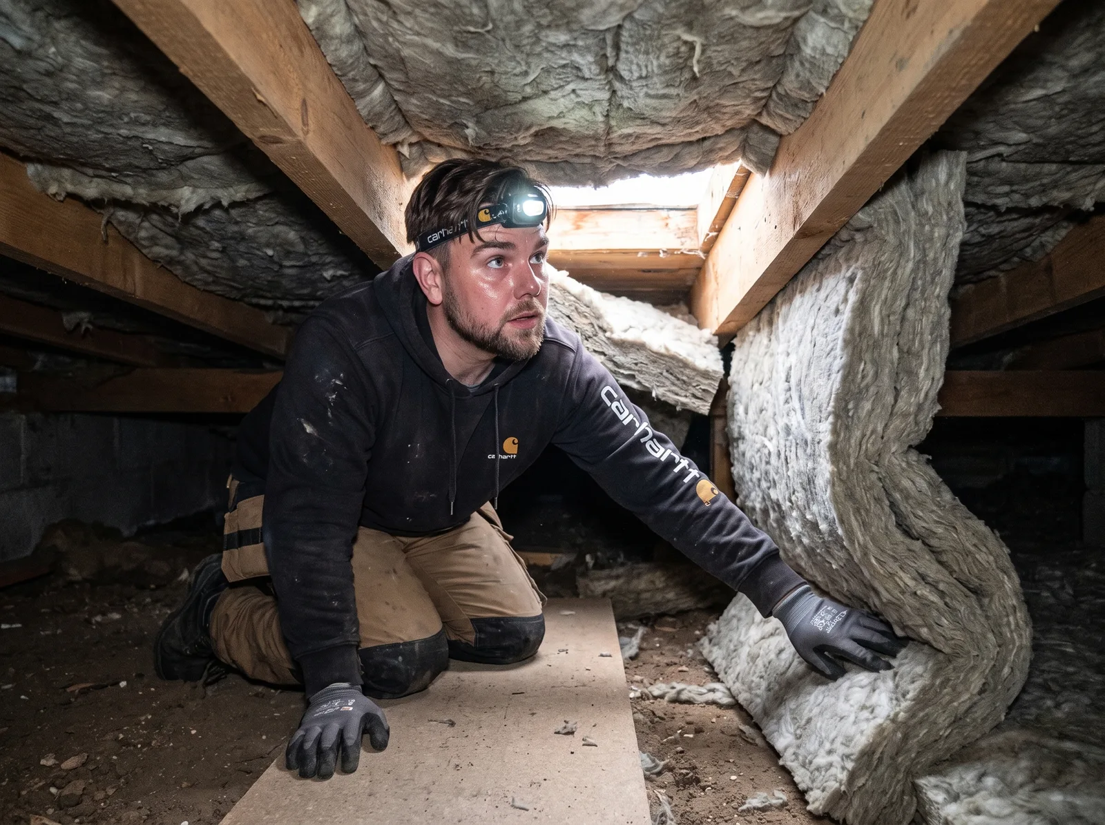 Krybekælderisolering: isolering klemt op mellem bjælkerne i krybekælderen