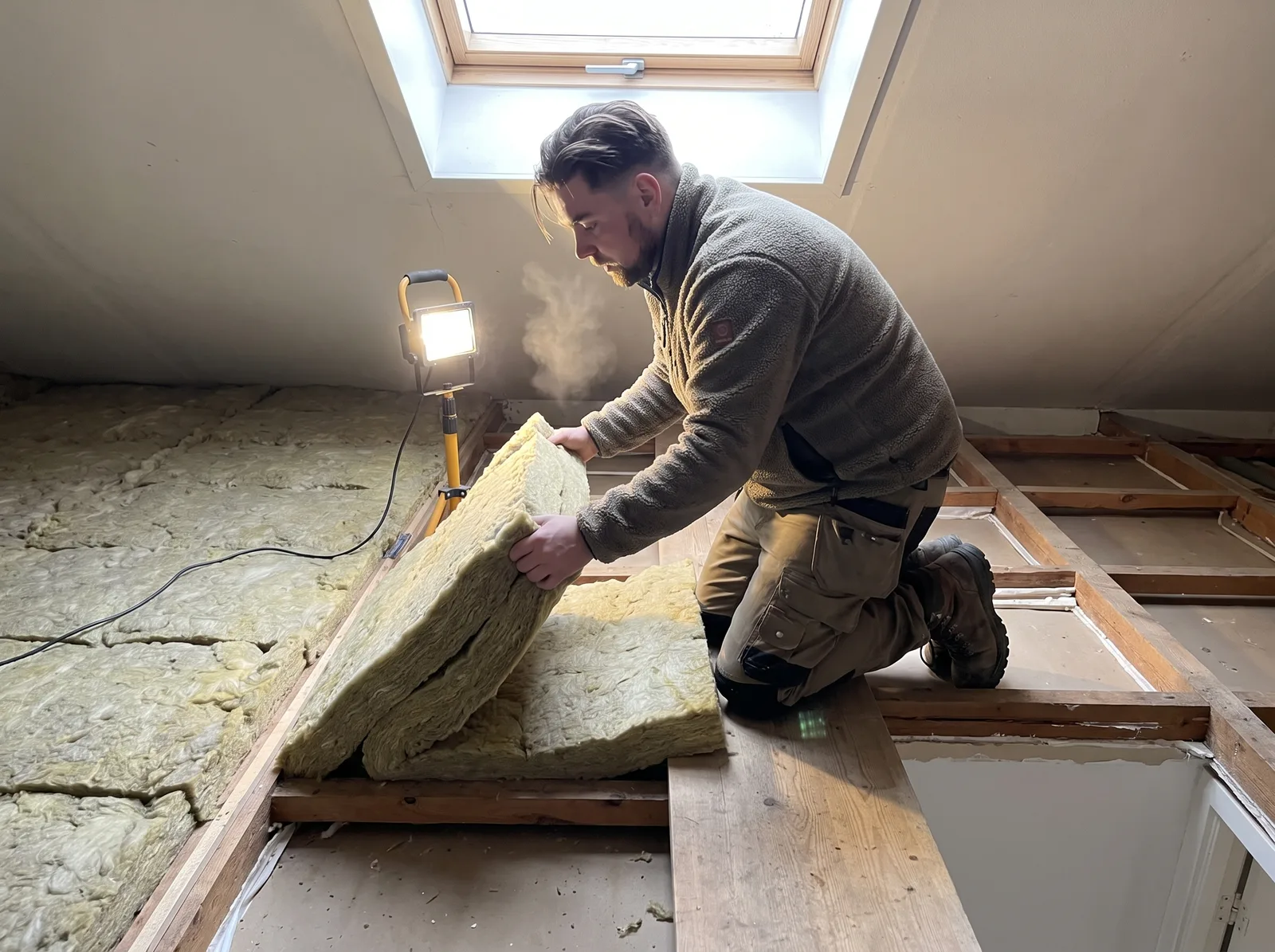 Loftisolering: isolatøren ruller isolering ud mellem spærene på et koldt loft