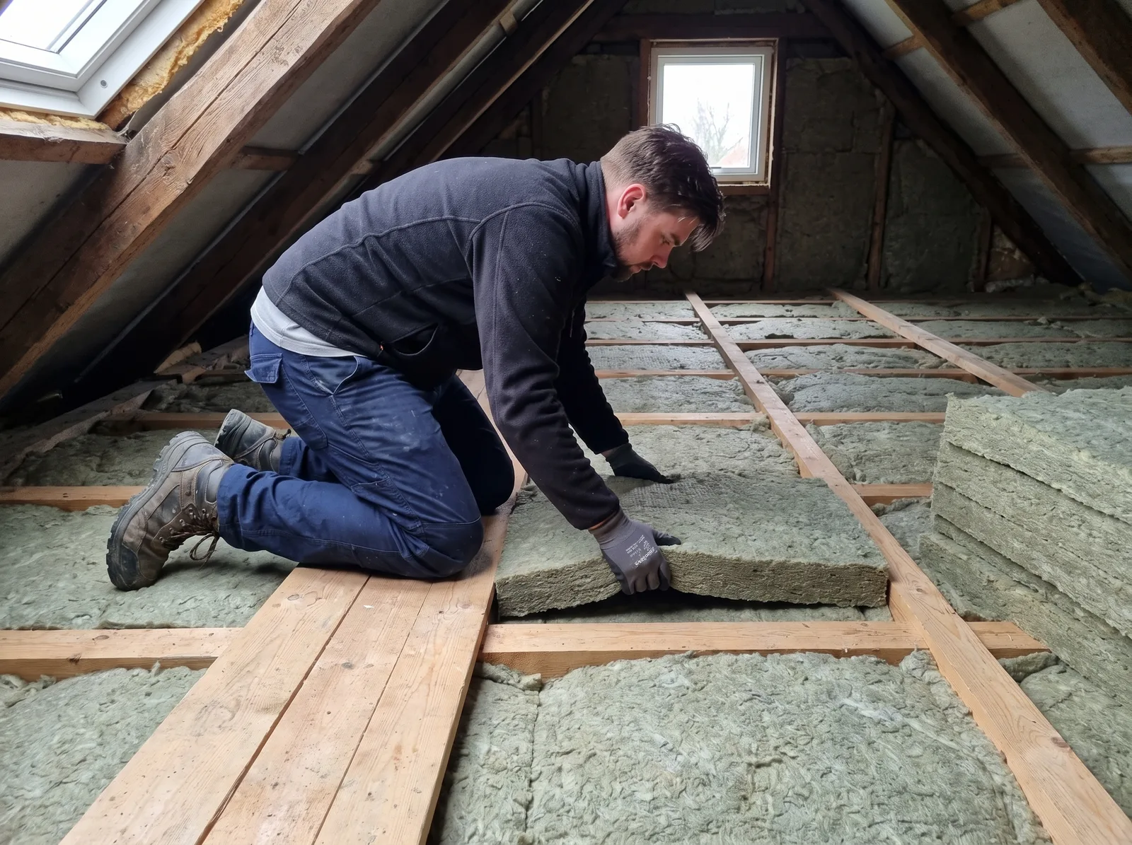 Isolatøren lægger Rockwool-batts i to lag på kryds over loftet