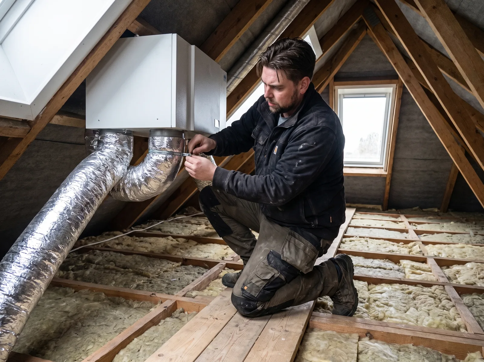 Ventilation: isolatøren monterer et ventilationsaggregat med varmegenvinding under loftet
